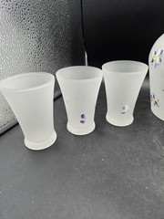 Frosted Glass Hand Painted Juice Pitcher And Glasses Purple Flowers Vintage