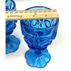 4 Vtg Kanawha Blue Bulls Eye & Daisy Water Wine Glass Goblet Cottage Whimsical