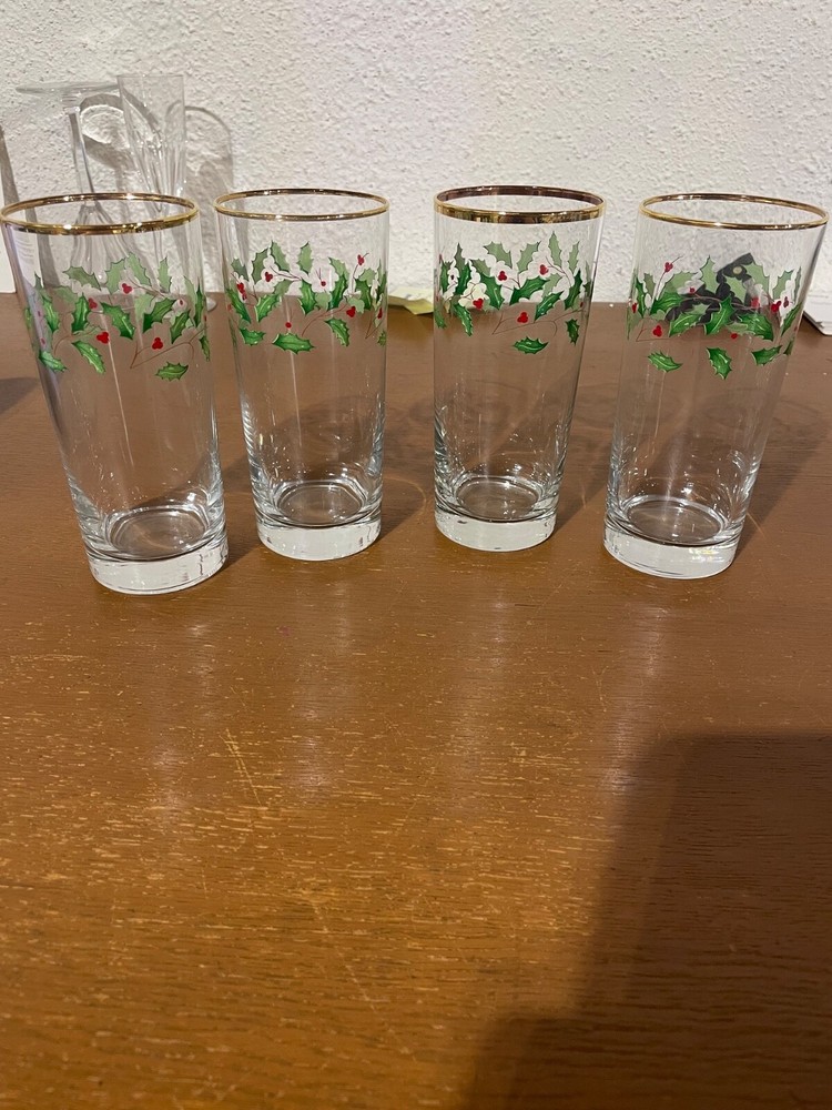 Lenox Holiday Set of 4 Highball Tumblers Drinking Glasses 6 1/4” Tall Gold Trim