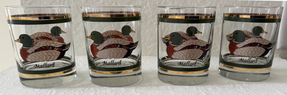 4 VTG 70’s Libbey’s Mallard Duck Whiskey old fashioned glasses 10k gold