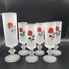 VTG Red Rose Cordial Glasses Set – 1 Tall & 5 Short – Frosted Silver Rim