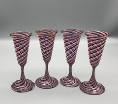 Vintage Italian Bimini Red White Blue Striped Swirl Thin Glass Cordials Set 4
