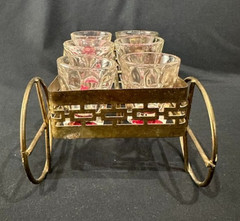 Vintage Culver Gold Tone Metal Shot Glass Caddy 8 Section Caddy W/6 Shot Glasses