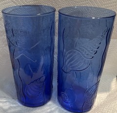 Seashell/ Sea Life Embossed Cobalt Blue Tall Glasses Size 3 X 6 Set of 2