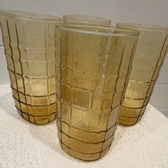 Anchor Hocking Amber Waffle/Grid Pattern Square Tumbler Glasses Set of 4