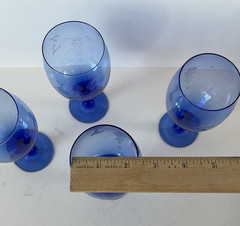 Vintage Etched Grapes & Vine Colbalt Blue Wine Glass 5.5″ Hand Blown Set of 4