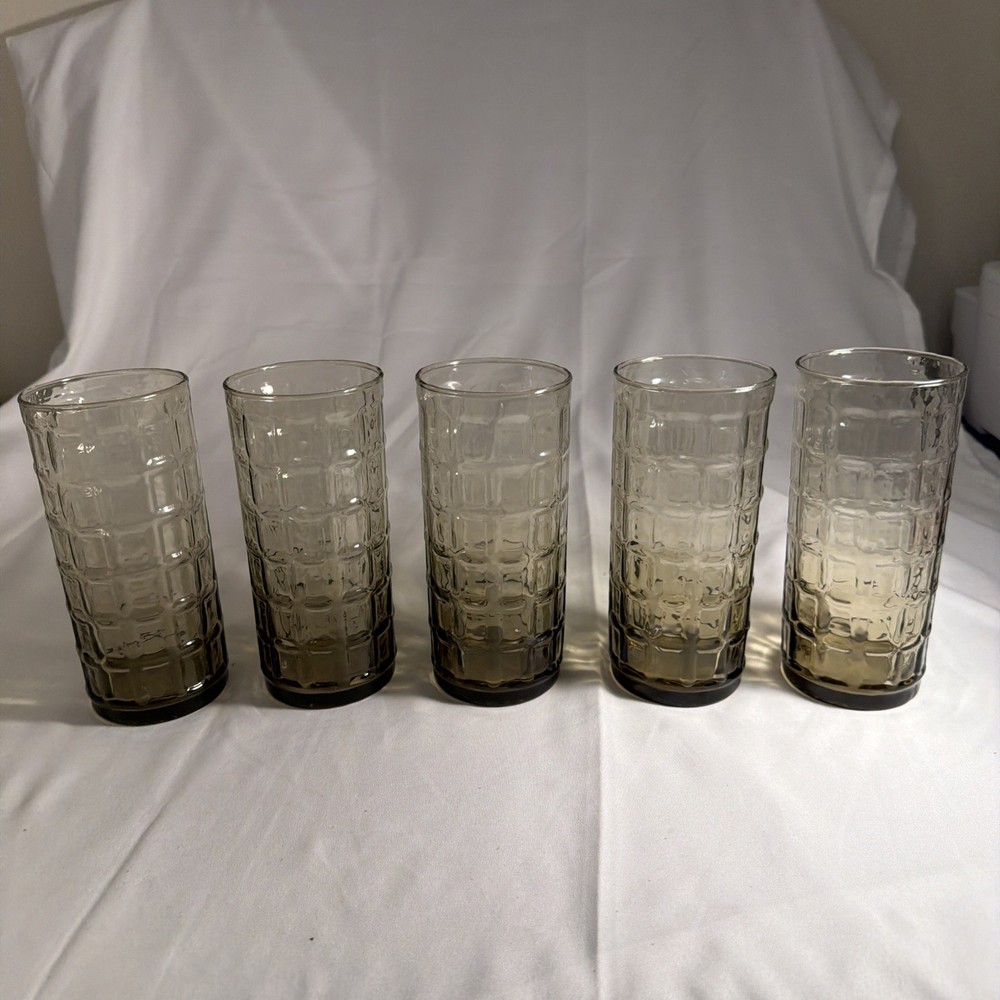 5 Vintage Libbey Pisa Drinking Highball Glasses Smoky Brown 16 floz Each