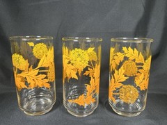 Vintage Set 3 Libbey Glass Tumbler Yellow/Orange Dandelion Design 5.5″x2.75