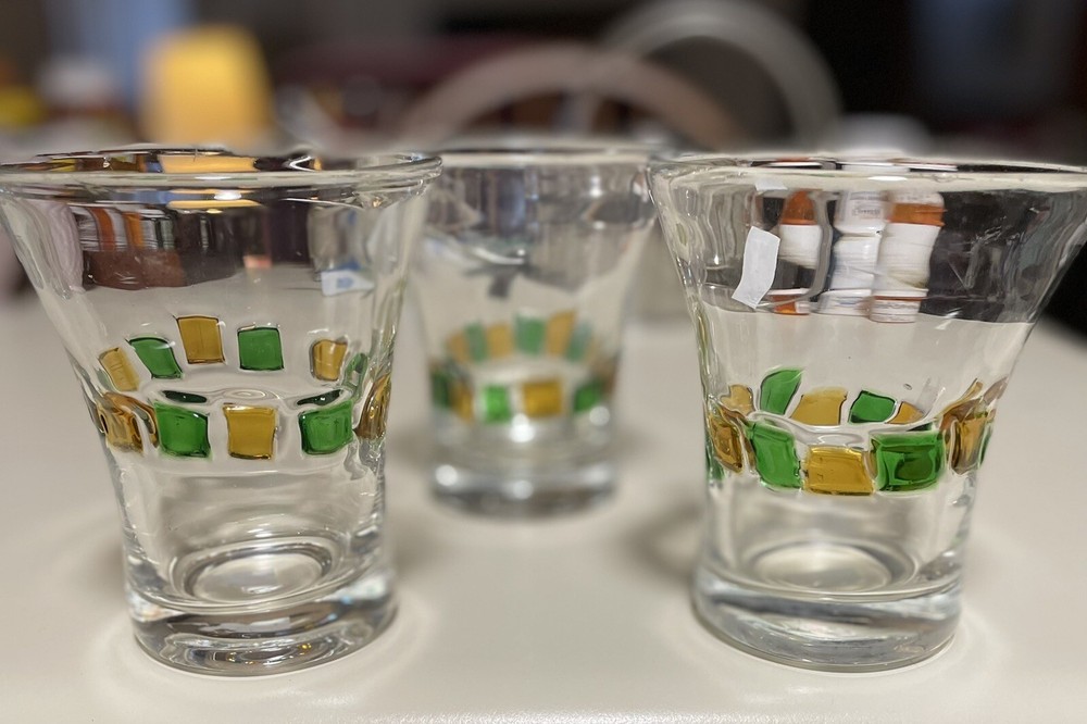 VINTAGE SET 3 HEAVY MURANO ITALY GREEN GOLD HIGHBALL SCOTCH DRINK TUMBLER GLASS