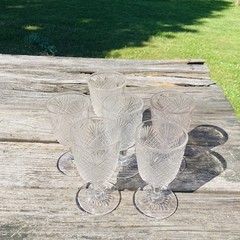 SET OF 6 ANTIQUE AMERICAN BRILLIANT CUT CRYSTAL STEMMED DOUBLE DIAMOND FAN GLASS