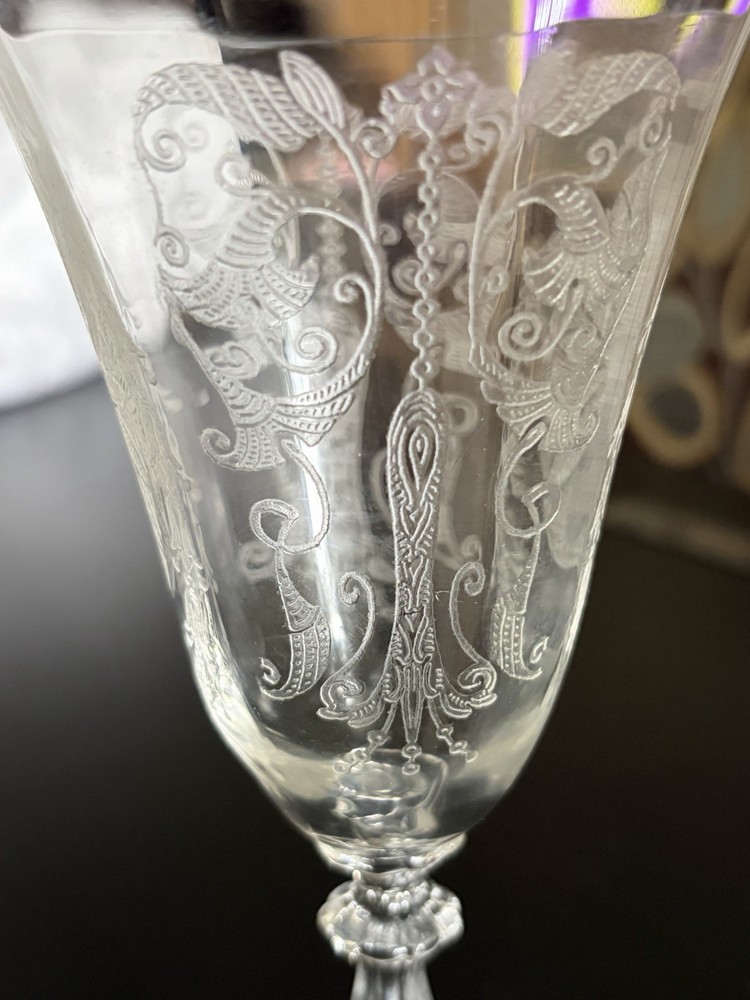 Antique Tiffin Franciscan Goblet Glass Blown Lovelace Etched 8 oz set of 4 USA