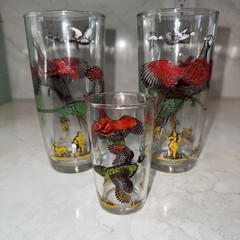 Large Vintage Pheasant Glasses Lot Of 2 Anchor Hocking 32oz Bar AND small 4oz gl