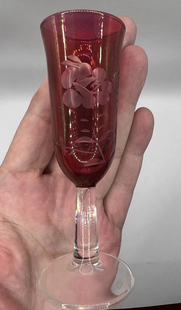 Vintage Glastonbury Lotus Cranberry Flashed Wine Cordial Glass Etched Floral