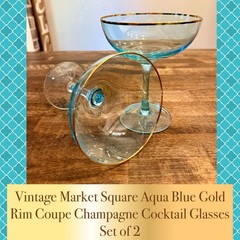 Vintage (2) Market Square Aqua Blue Gold Rim Coupe Champagne Cocktail Glasses