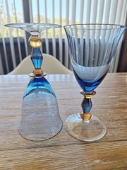 2 Mikasa Estate Slate Blue/ Amber Wine/Water Glasses Handblown Art Deco 7″H EUC