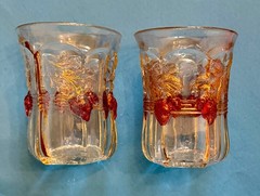 PAIR 1911 Antique Indiana Glass Paneled Strawberry Tumblers Gold Trim 8 oz Key