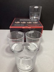 Riedel Barware 4 Old Fashion Glasses Etched Bennington Logo Austria Crystal Boat