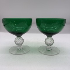 PAIR of VTG Morgantown Crystal GOLF BALL GREEN Low Stem Sherbet Glasses EUC