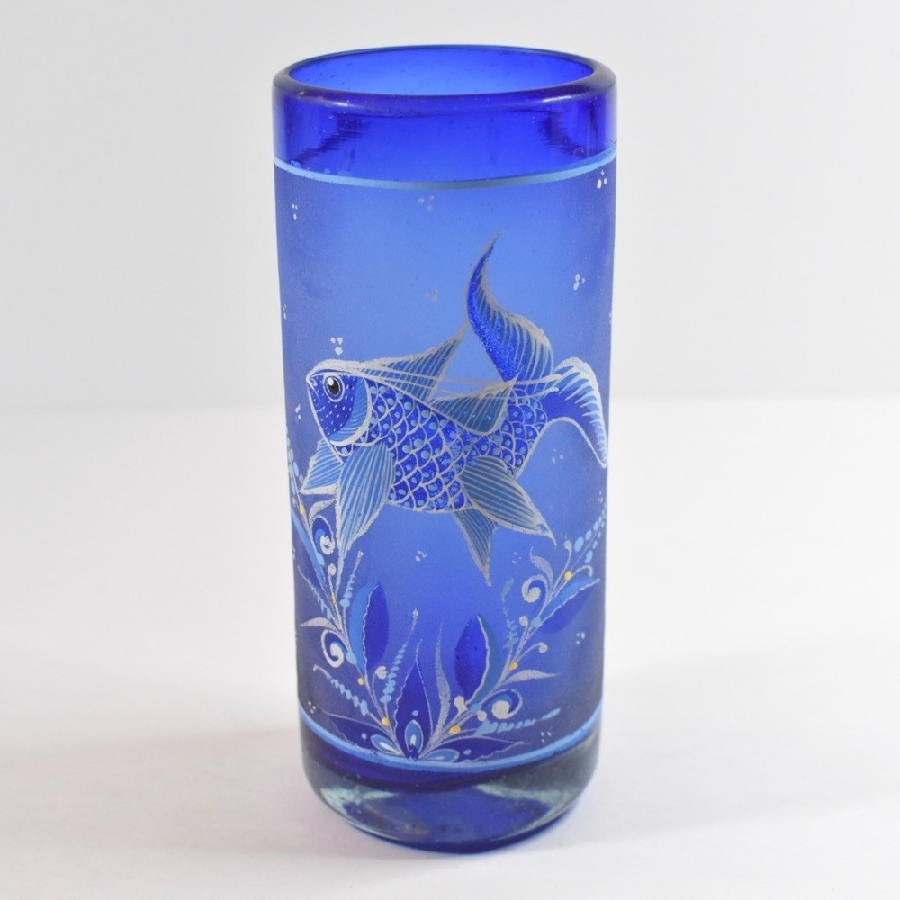 Mexican Hand Blown Tumbler Glass Cobalt Blue, Hand Painted Fish & Flowers 10 oz