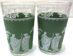 Vintage Jeannette Glass Juice Tumblers PAIR Hellenic Green Gold Trim 3 7/8″ T
