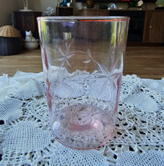 EAPG Pink Glass Tumbler Wheel Cut Etched Star Flower Vine Design 1900s