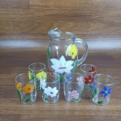Vintage Bartlett Collins Juice Set Pitcher + 6 Glasses Hand Painted Floral MCM