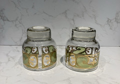 2 Vtg MCM STARLYTE 22K Gold Frosted Green Footed Cocktail Glass Culver Style