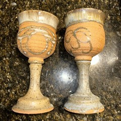 2 Pottery Stoneware Goblets Bow Design 7”