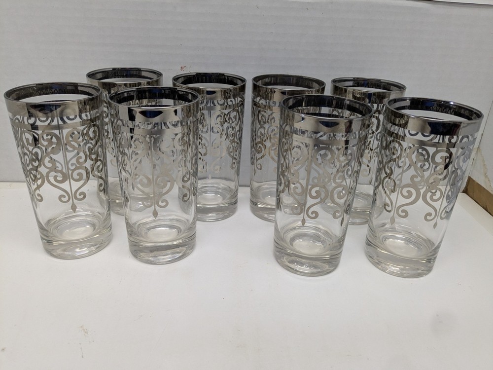 8 Vintage MCM Mid Century Scrolled Silver Rim Overlay Highball Glasses