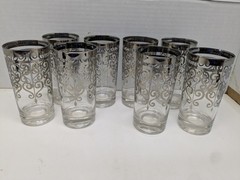 8 Vintage MCM Mid Century Scrolled Silver Rim Overlay Highball Glasses