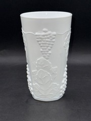 Milk Glass Tumbler With Grape & Vine Relief Design 6 Inches Tall 3.5-Inch Diamet