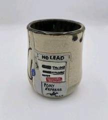 Signed Studio Pottery Tumbler Cup – Hand Painted Pony Express Gas Pump