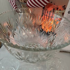 Bohemia Crystal Punch Bowl w/ 6Cups Czech Republic Scalloped Edge Pineapple Cut