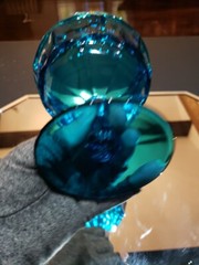 CANDY DISH & LID 7″ ASHBURTON Westmoreland Bermuda Blue Peacock Glass vtg 1970s