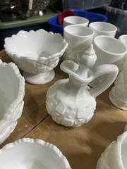 14 Westmoreland White Milk Glass Drinkware & Serving Lot: Mug, Bowls, Pitcher
