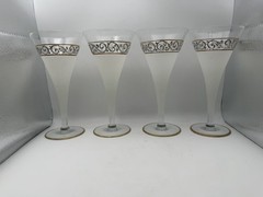 Vintage MCM Frosted White Champagne Cocktail Glasses Gold Silver Scroll Set of 4