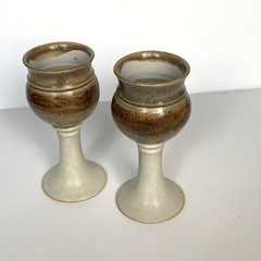 Vintage Studio Pottery Wine Goblets Studio Signed JT 78 Brown Beige Shimmer
