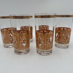 MCM Signed Culver 6 High Ball Glasses Orange 22K Gold Scroll