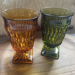 Indiana Glass (2) Mount Vernon 1Avocado 1Amber Pedestal Goblets Water Glass MCM