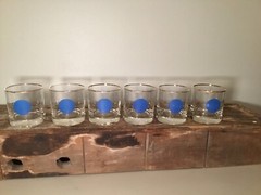 Set of 6 MCM Vintage Gold Rim & Large Blue Dot High Ball Drinking Glasses