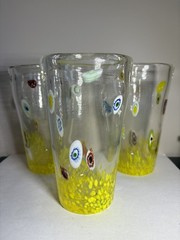 (3) Millefiori Murano Style High Ball Barware Drinking Glass Hand Blown Bubble