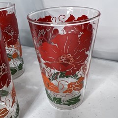 Vintage Red Orange Hibiscus Flower Clear Glass Tumblers 5” Libbey Lot of 3 MCM