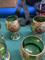 Set Of 6 Bohemian Green glass goblet w/ gold gilt & hand-painted Girl & Guy stem