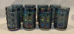 Vintage Set of 8 Blue Iridescent Pressed Glass Tumblers–Heavy Geometric Pattern