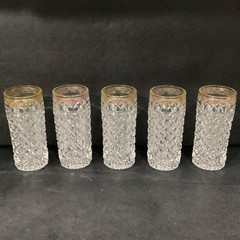 Mid-Century Diamond Point Criss-Cross Juice Glasses, Set of 5 Gold-Trim Tumblers