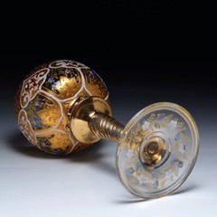 Antique Bohemian Moser Hand Blown Gold & Enameled Floral Crystal Wine Glass