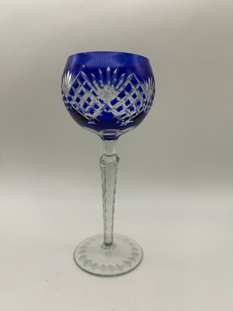 Ajka Cobalt Blue Bohemian Stemmed Cut to Clear Crystal Wine Glass Goblet 8.5”