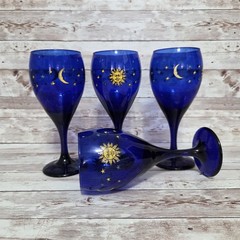 Vintage Libbey Celestial Wine Glasses (4) Cobalt Blue Goblets Sun Moon Stars