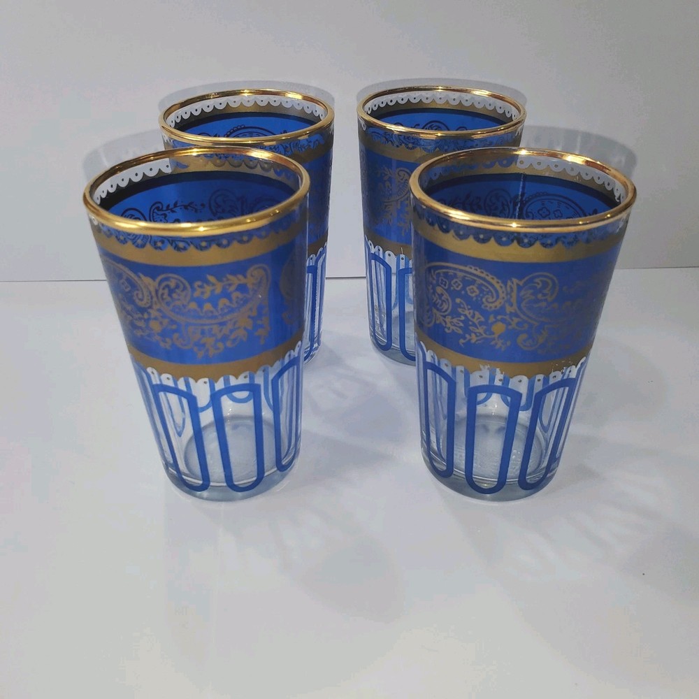 VTG Cobalt Blue Gold Gilt Moorish Arch Morrocan Glasses MCM Set Of 4 Boho Retro