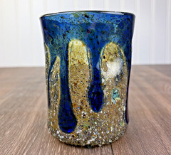 Art Glass Tumbler Cup Asymmetrical Handmade Blue DRIP Speckled Texture